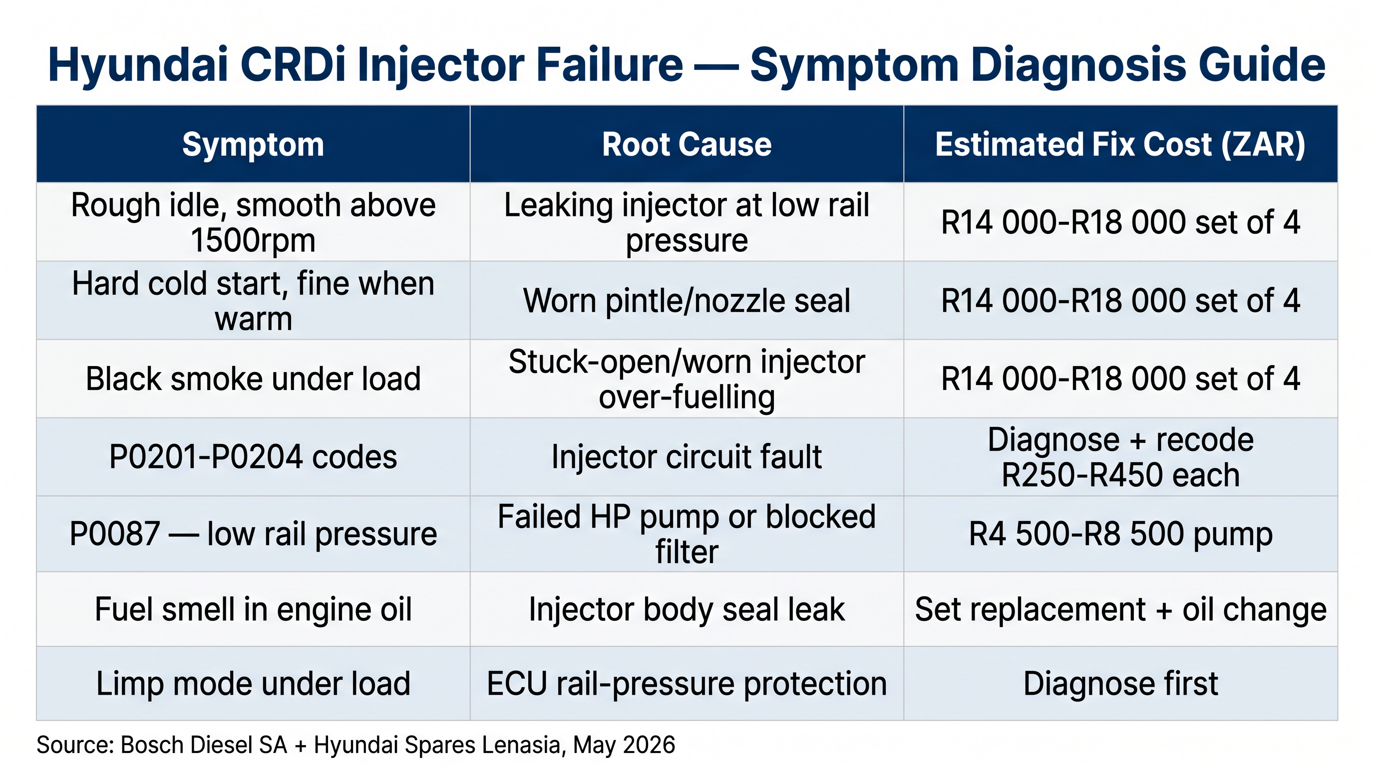 Hyundai CRDi injector failure — symptom to root cause to fix cost flowchart